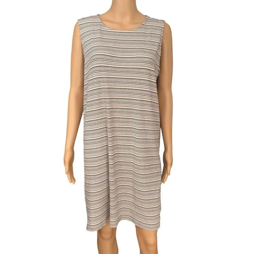 J. Jill Caramel Womens Tunic Tank L Beige Brown Striped Crew Neck Side Slit NWT